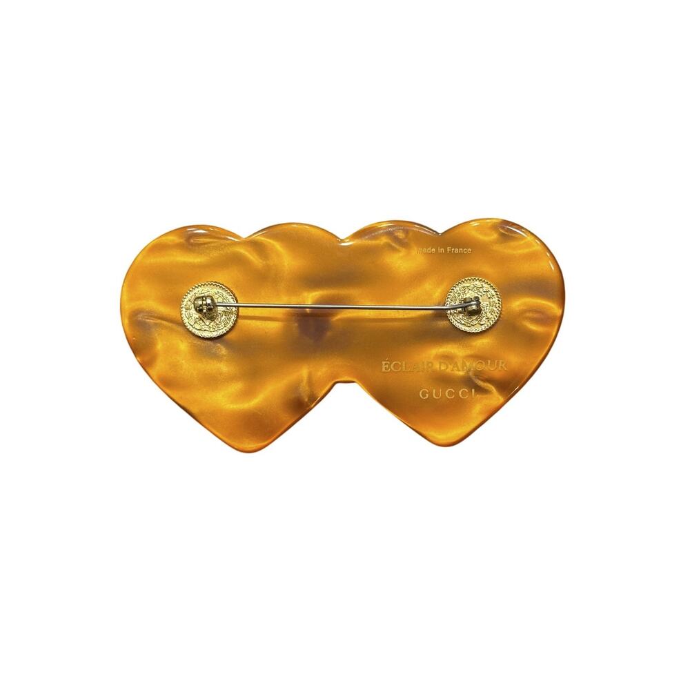 GUCCI Resin & Crystal Double Heart Jewelry Accessory Brooch Pin - Picture 2 of 5